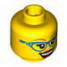Minifig Head Dual Sided Glasses with Blue Frame, Medium Dark Flesh Eyebrows, Red Lipstick, Smirk / Open Smile Print [Hollow Stud]