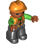 Деталь LEGO Duplo Figure with Orange Construction Helmet - Orange Vest over Green Shirt - Medium Dark Flesh Face and Hands - Black Legs, Оранжевый